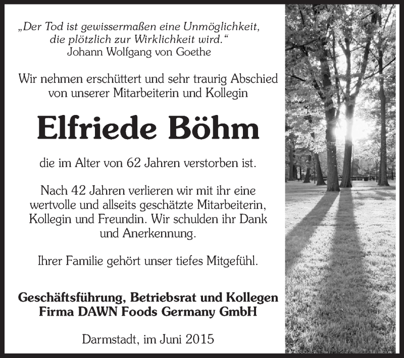  Traueranzeige für Elfriede Böhm vom 18.06.2015 aus Echo-Zeitungen (Gesamtausgabe)