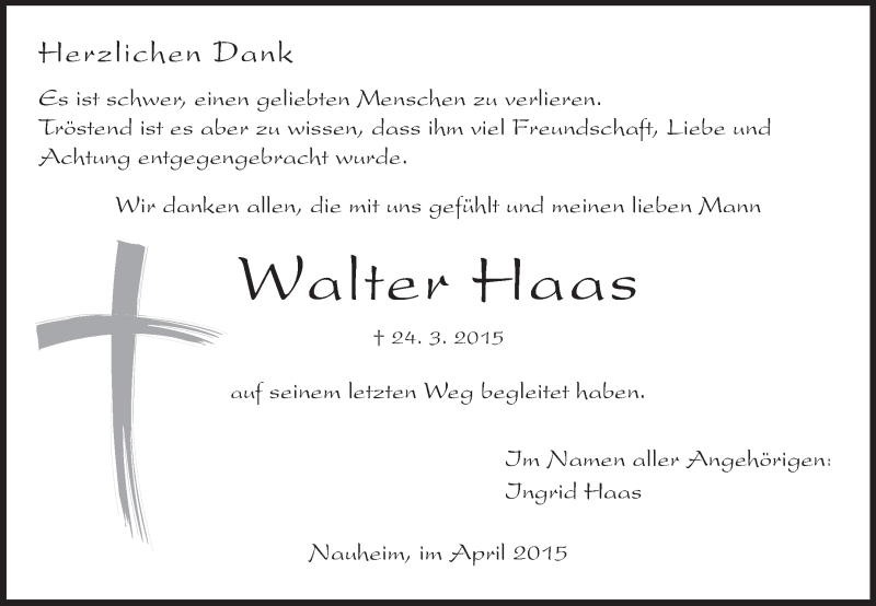  Traueranzeige für Walter Haas vom 30.04.2015 aus Rüsselsheimer Echo, Groß-Gerauer-Echo, Ried Echo