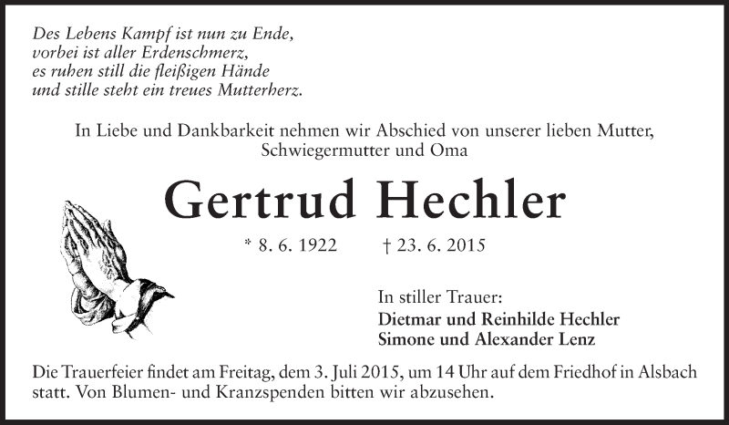  Traueranzeige für Gertrud Hechler vom 01.07.2015 aus Echo-Zeitungen (Gesamtausgabe)