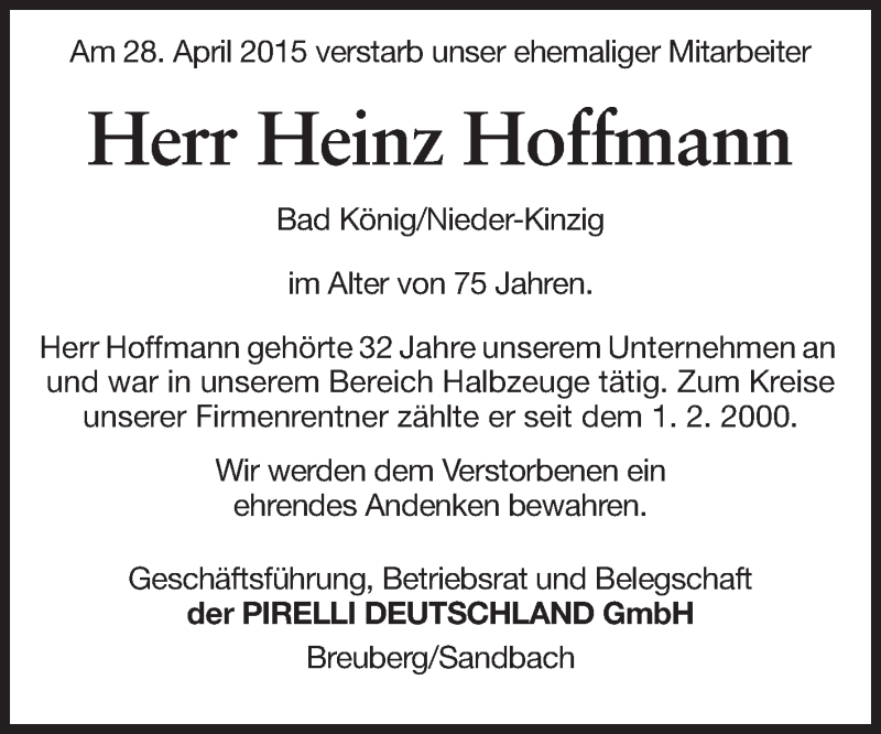  Traueranzeige für Heinz Hoffmann vom 23.05.2015 aus Odenwälder Echo