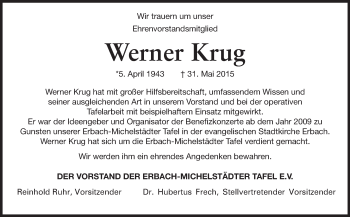 Traueranzeige von Werner Krug von Odenwälder Echo