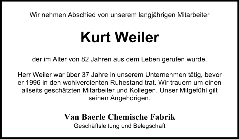  Traueranzeige für Kurt Weiler vom 27.07.2015 aus Echo-Zeitungen (Gesamtausgabe)
