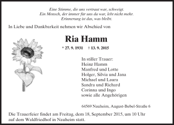 Traueranzeige von Ria Hamm von trauer.echo-online.de