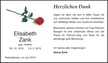 Traueranzeige von Elisabeth Zank von Odenwälder Echo