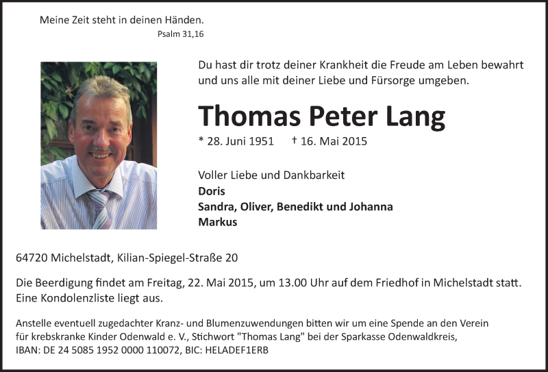  Traueranzeige für Thomas Peter Lang vom 19.05.2015 aus Odenwälder Echo