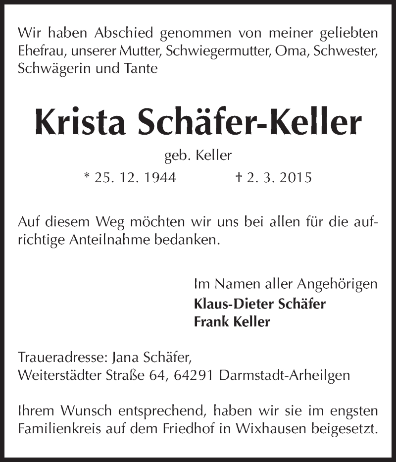  Traueranzeige für Krista Schäfer-Keller vom 01.04.2015 aus Echo-Zeitungen (Gesamtausgabe)