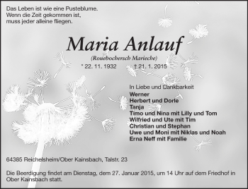 Traueranzeige von Maria Anlauf von Echo-Zeitungen (Gesamtausgabe)