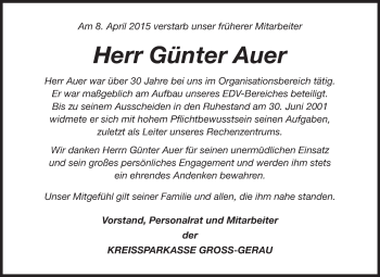Traueranzeige von Günter Auer von Rüsselsheimer Echo, Groß-Gerauer-Echo, Ried Echo