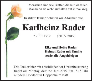Traueranzeige von Karlheinz Rader von Starkenburger Echo