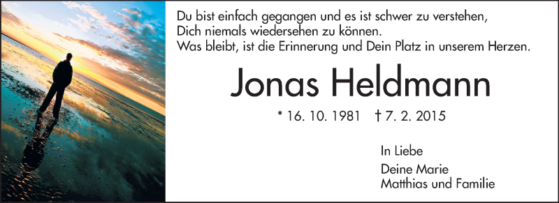  Traueranzeige für Jonas Heldmann vom 21.02.2015 aus Echo-Zeitungen (Gesamtausgabe)