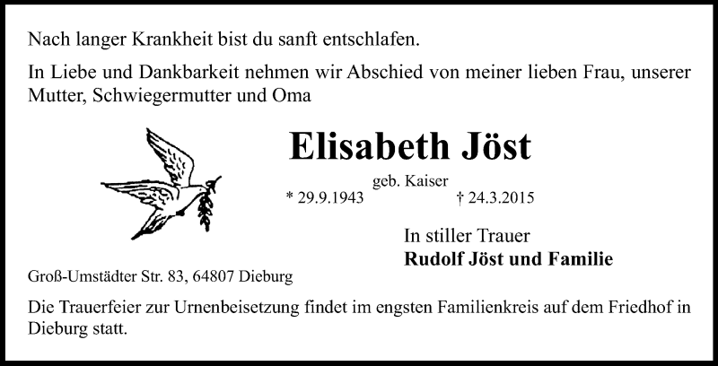  Traueranzeige für Elisabeth Jöst vom 04.04.2015 aus Echo-Zeitungen (Gesamtausgabe)