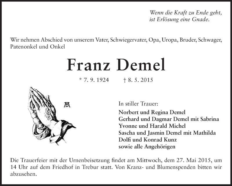  Traueranzeige für Franz Demel vom 22.05.2015 aus Rüsselsheimer Echo, Groß-Gerauer-Echo, Ried Echo