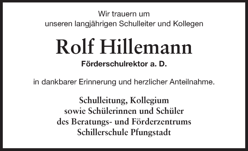  Traueranzeige für Rolf Hillemann vom 15.04.2015 aus Echo-Zeitungen (Gesamtausgabe)