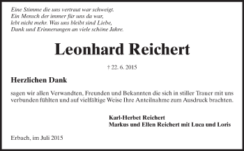 Traueranzeige von Leonhard Reichert von Odenwälder Echo