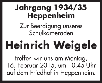 Traueranzeige von Heinrich Weigele von Starkenburger Echo