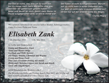 Traueranzeige von Elisabeth Zank von Echo-Zeitungen (Gesamtausgabe)