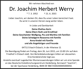 Traueranzeige von Joachim Herbert Werry von Odenwälder Echo