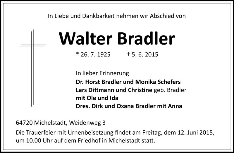  Traueranzeige für Walter Bradler vom 09.06.2015 aus Odenwälder Echo