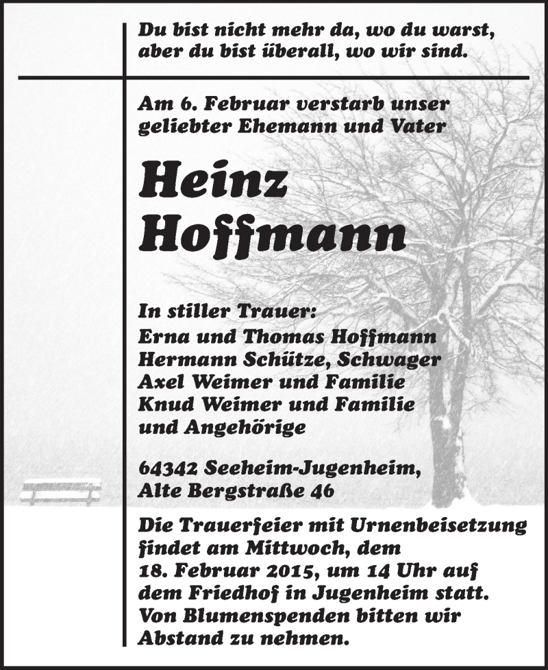  Traueranzeige für Heinz Hoffmann vom 14.02.2015 aus Echo-Zeitungen (Gesamtausgabe)