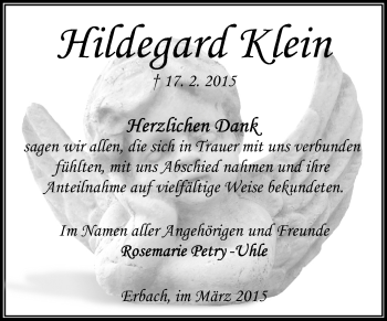 Traueranzeige von Hildegard Klein von Odenwälder Echo