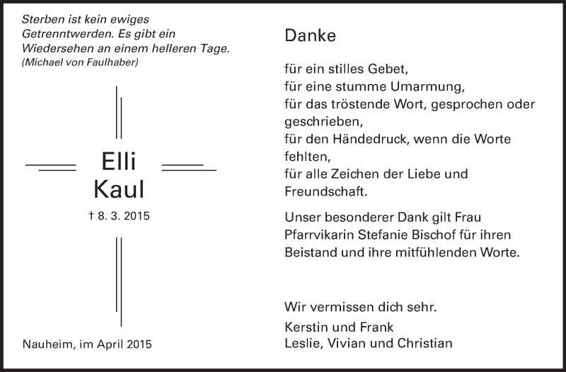  Traueranzeige für Elli Kaul vom 18.04.2015 aus Rüsselsheimer Echo, Groß-Gerauer-Echo, Ried Echo