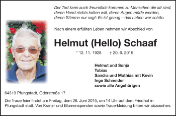 Traueranzeige von Helmut Schaaf von Echo-Zeitungen (Gesamtausgabe)