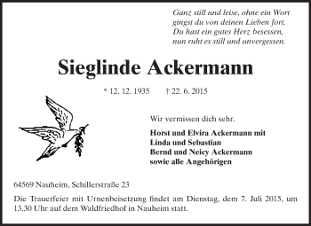 Traueranzeige von Sieglinde Ackermann von Echo-Zeitungen (Gesamtausgabe)