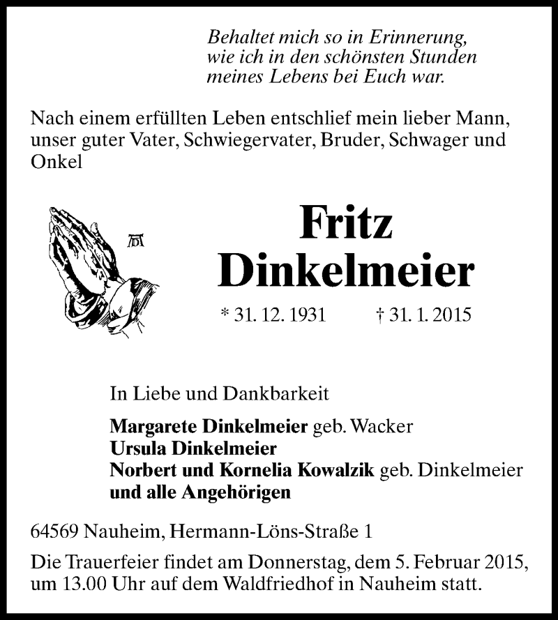  Traueranzeige für Fritz Dinkelmeier vom 03.02.2015 aus Rüsselsheimer Echo, Groß-Gerauer-Echo, Ried Echo
