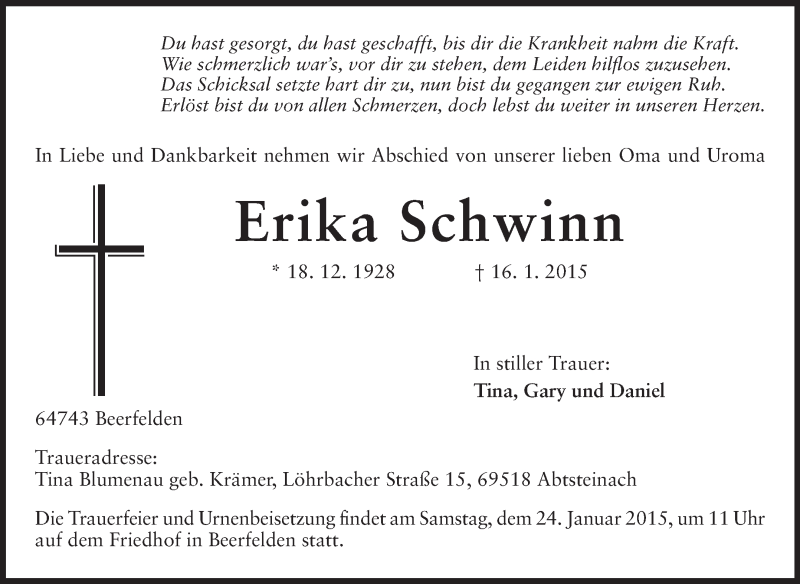  Traueranzeige für Erika Schwinn vom 22.01.2015 aus Odenwälder Echo