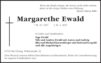Traueranzeige von Margarethe Ewald von Odenwälder Echo