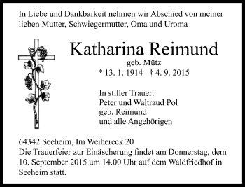 Traueranzeige von Katharina Reimund von trauer.echo-online.de