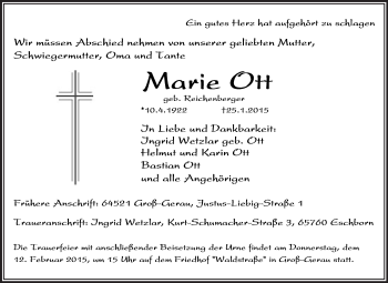 Traueranzeige von Marie Ott von Rüsselsheimer Echo, Groß-Gerauer-Echo, Ried Echo