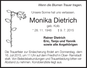 Traueranzeige von Monika Dietrich von Echo-Zeitungen (Gesamtausgabe)