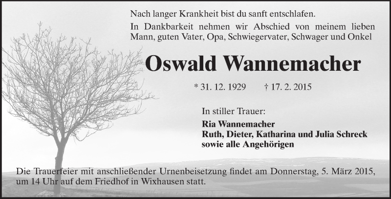  Traueranzeige für Oswald Wannemacher vom 28.02.2015 aus Echo-Zeitungen (Gesamtausgabe)