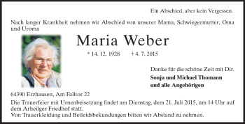 Traueranzeige von Maria Weber von Echo-Zeitungen (Gesamtausgabe)