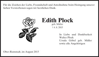 Traueranzeige von Edith Plock von trauer.echo-online.de