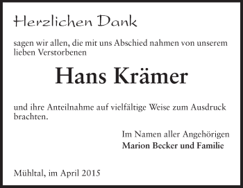 Traueranzeige von Hans Krämer von Echo-Zeitungen (Gesamtausgabe)