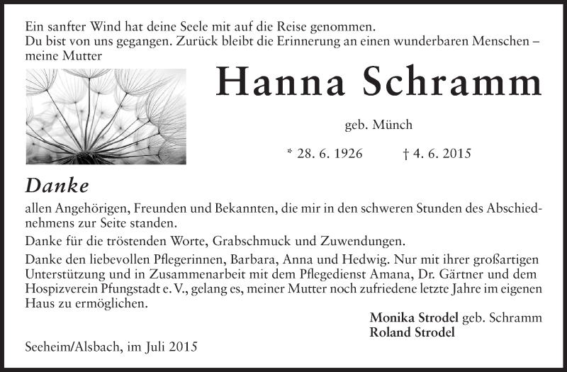  Traueranzeige für Hanna Schramm vom 11.07.2015 aus Echo-Zeitungen (Gesamtausgabe)