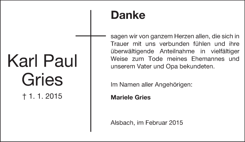  Traueranzeige für Karl Paul Gries vom 07.02.2015 aus Echo-Zeitungen (Gesamtausgabe)