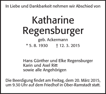 Traueranzeige von Katharine Regensburger von Echo-Zeitungen (Gesamtausgabe)