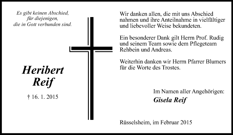  Traueranzeige für Heribert Reif vom 14.02.2015 aus Rüsselsheimer Echo, Groß-Gerauer-Echo, Ried Echo