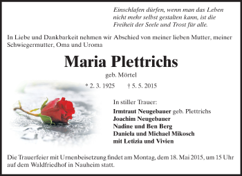 Traueranzeige von Maria Plettrichs von Rüsselsheimer Echo, Groß-Gerauer-Echo, Ried Echo