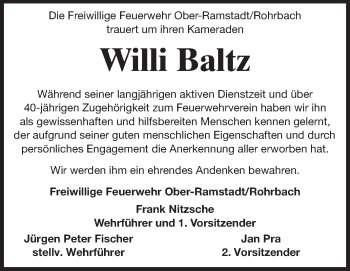 Traueranzeige von Willi Baltz von Echo-Zeitungen (Gesamtausgabe)