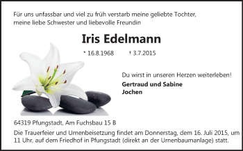 Traueranzeige von Iris Edelmann von Echo-Zeitungen (Gesamtausgabe)