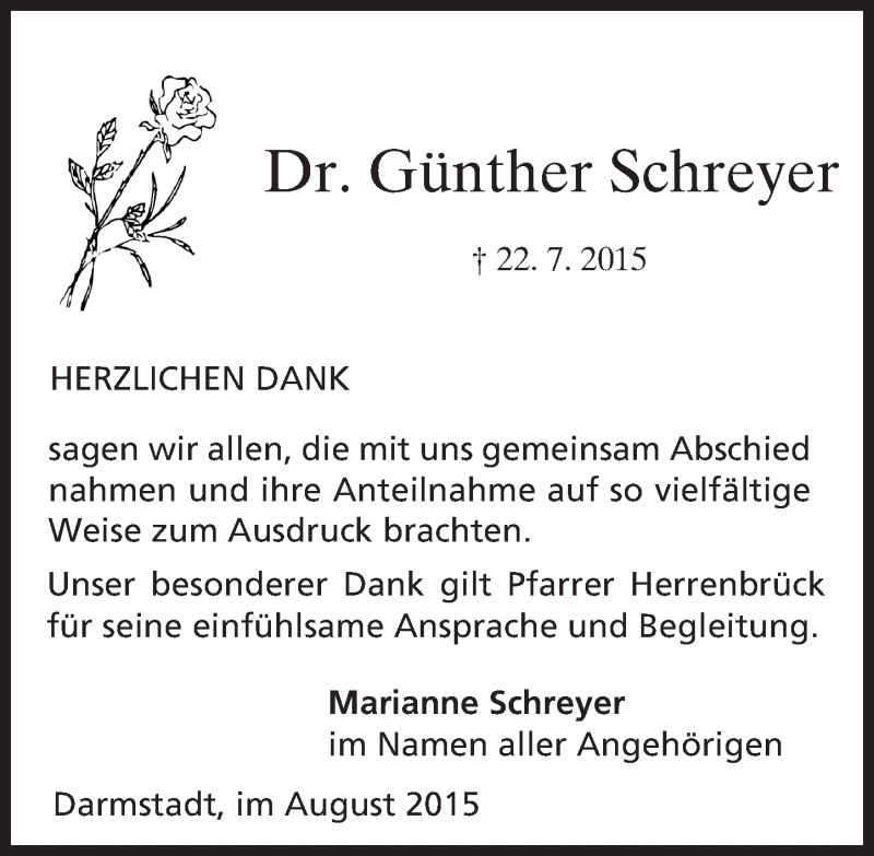  Traueranzeige für Günther Schreyer vom 15.08.2015 aus trauer.echo-online.de