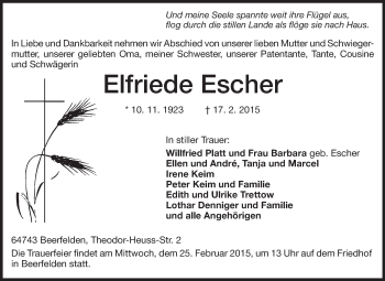 Traueranzeige von Elfriede Escher von Odenwälder Echo