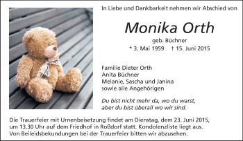 Traueranzeige von Monika Orth von Echo-Zeitungen (Gesamtausgabe)