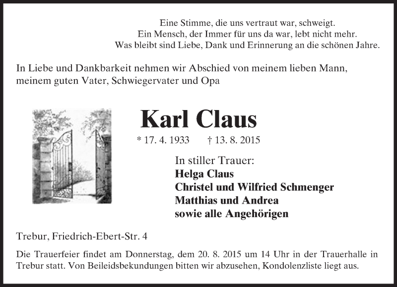  Traueranzeige für Karl Claus vom 18.08.2015 aus trauer.echo-online.de