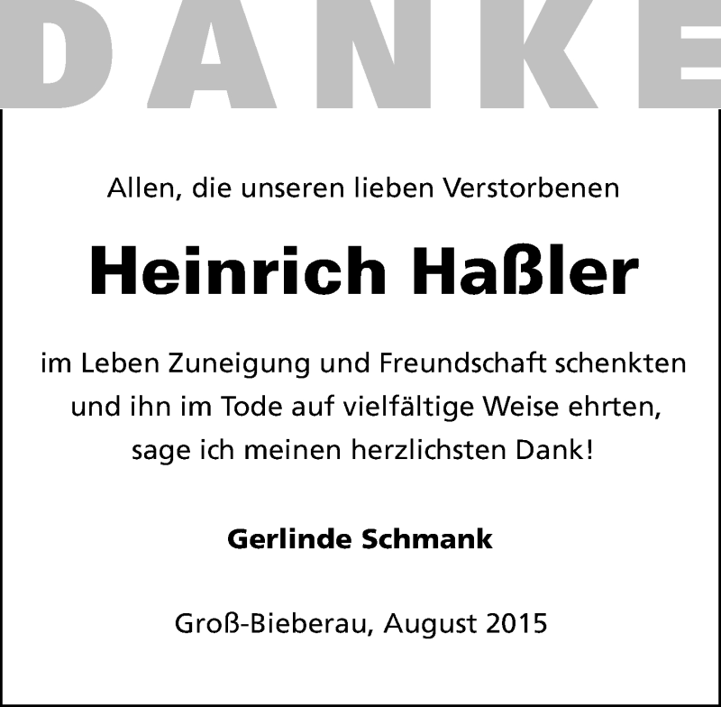  Traueranzeige für Heinrich Haßler vom 29.08.2015 aus trauer.echo-online.de