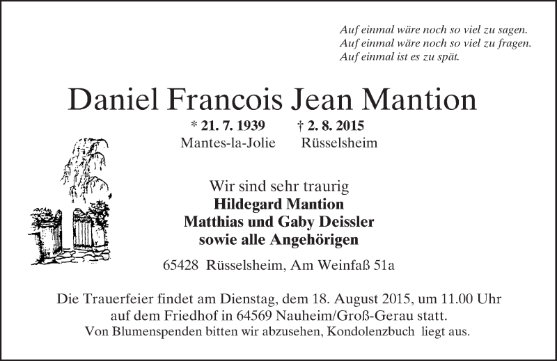  Traueranzeige für Daniel Francois Jean Mantion vom 08.08.2015 aus trauer.echo-online.de